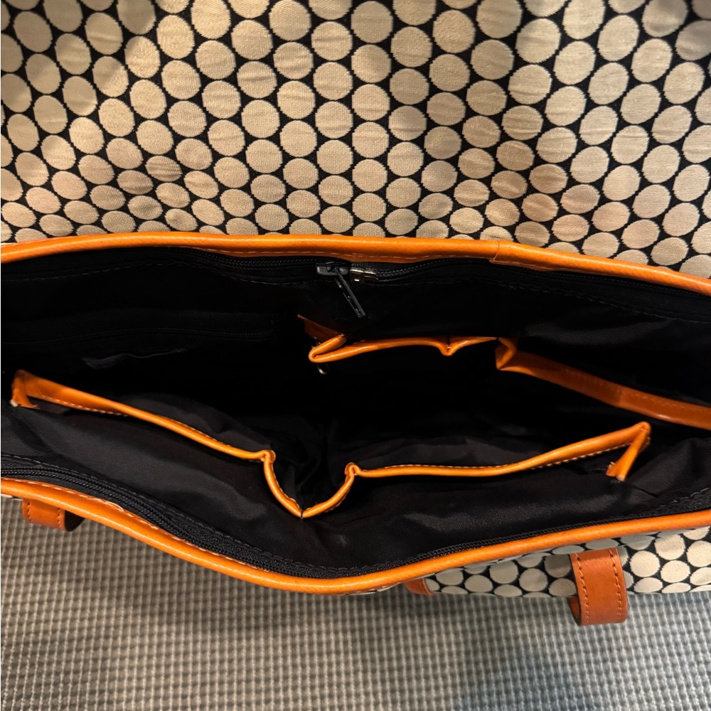 MiaBossi Diaper Bag - Orange Leather Trim with Natural Canvas Polka Dot. - Picture 2 of 3